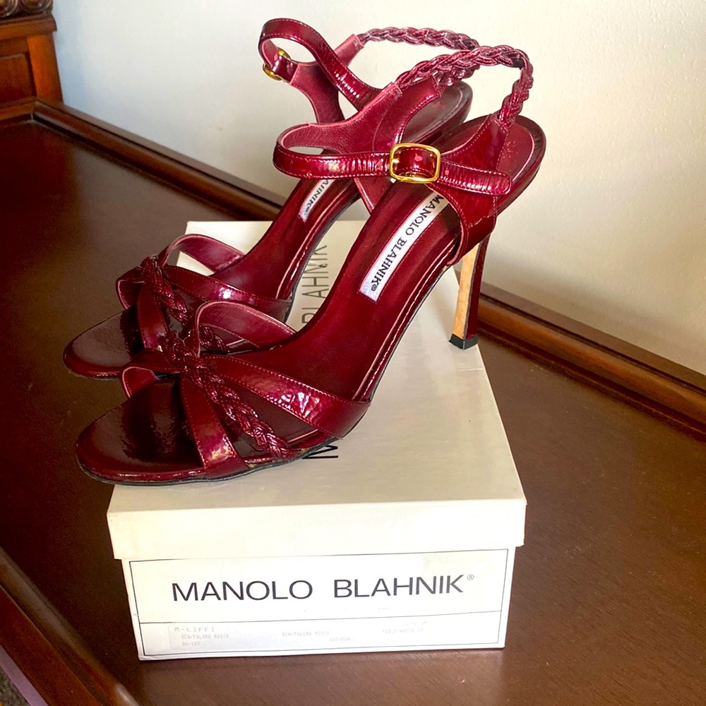 Manolo Blahnik patent strapped, braided sandals